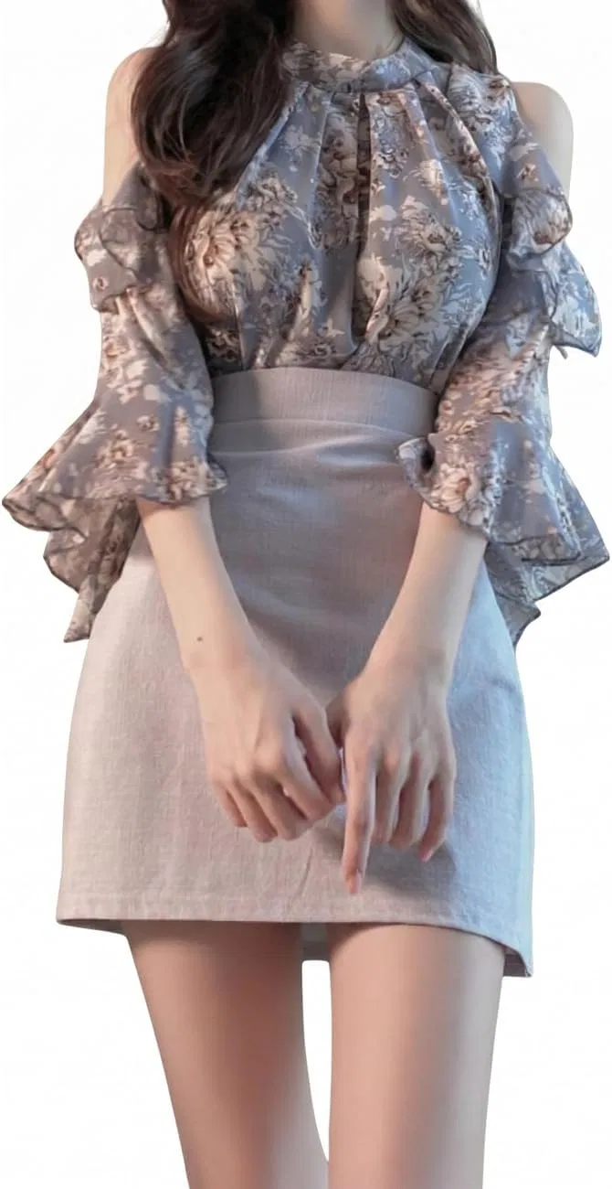 Блуза с цветочным принтом, off-shoulder, синий