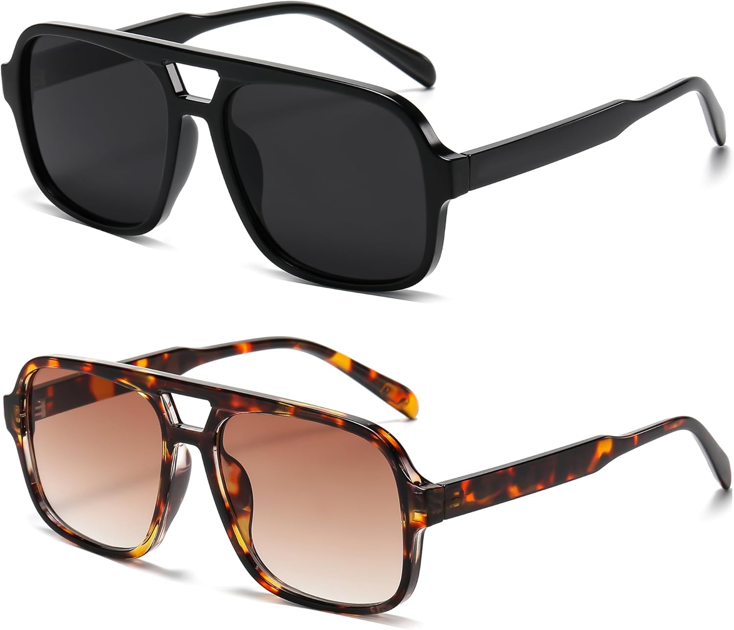 

Солнцезащитные очки Hycredi Retro Aviator для женщин и мужчин, модные квадратные очки, винтажные классические прямоугольные солнцезащитные очки, 2 Pack - (Black/Grey + Leopard/Gradient Brown)