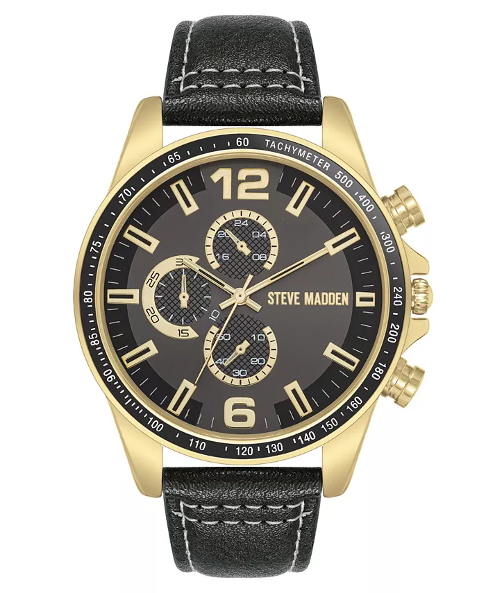 

Мужские современные часы 45 мм из черного искусственной кожи и позолоченного металлического сплава Steve Madden