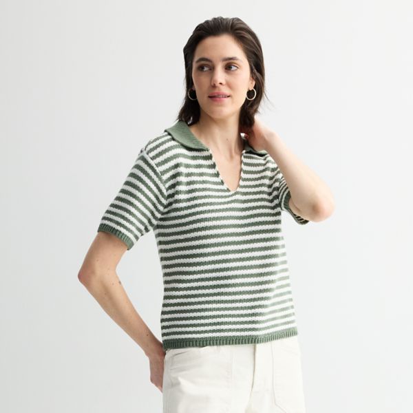 

Короткий вязаный жакет с воротником и короткими рукавами Sonoma Goods For Life, цвет white olive stripe
