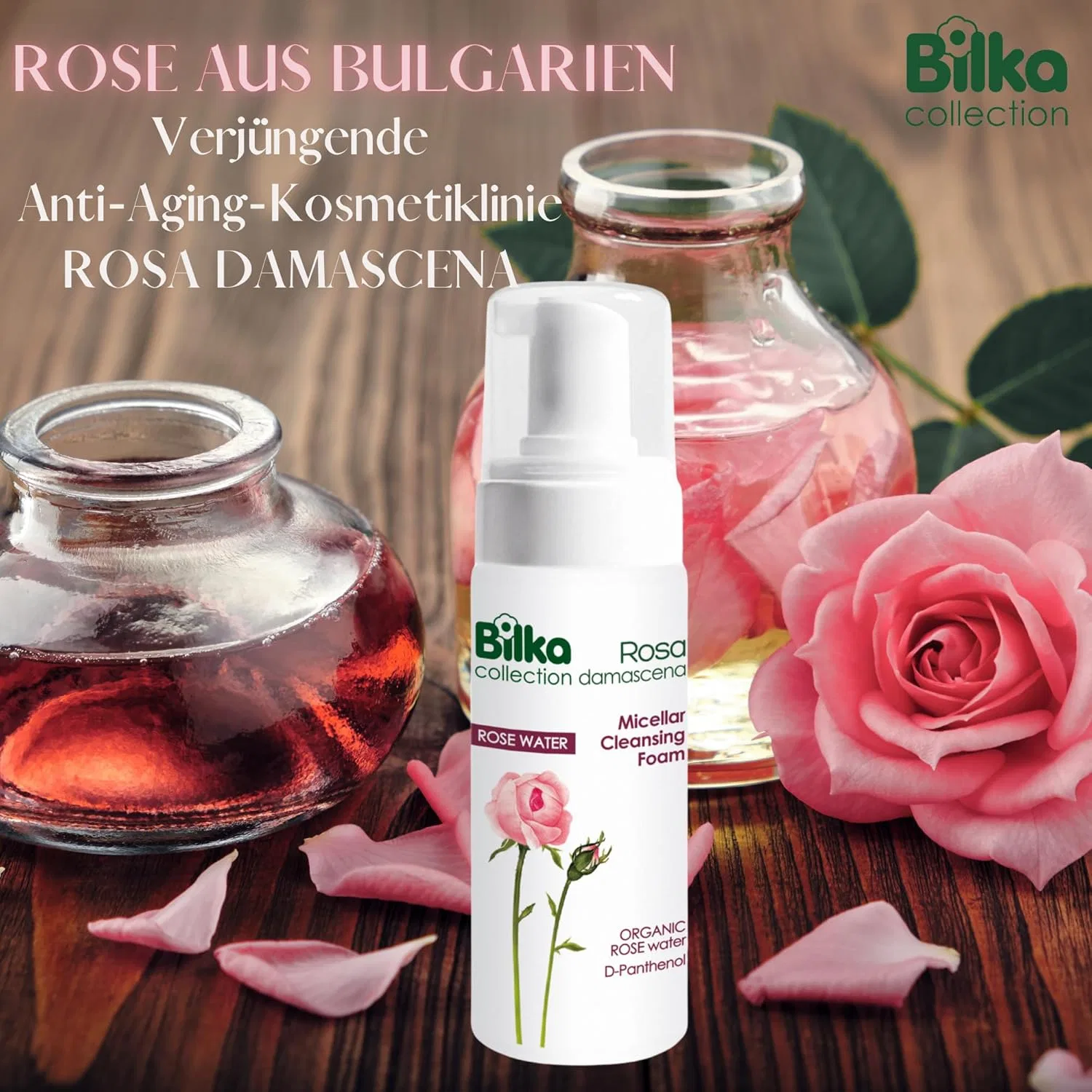 Мицеллярная вода Bilka Collection — Очищающая мицеллярная пенка Pink Damascena со % органической розовой водой, 140 мл — фото 3