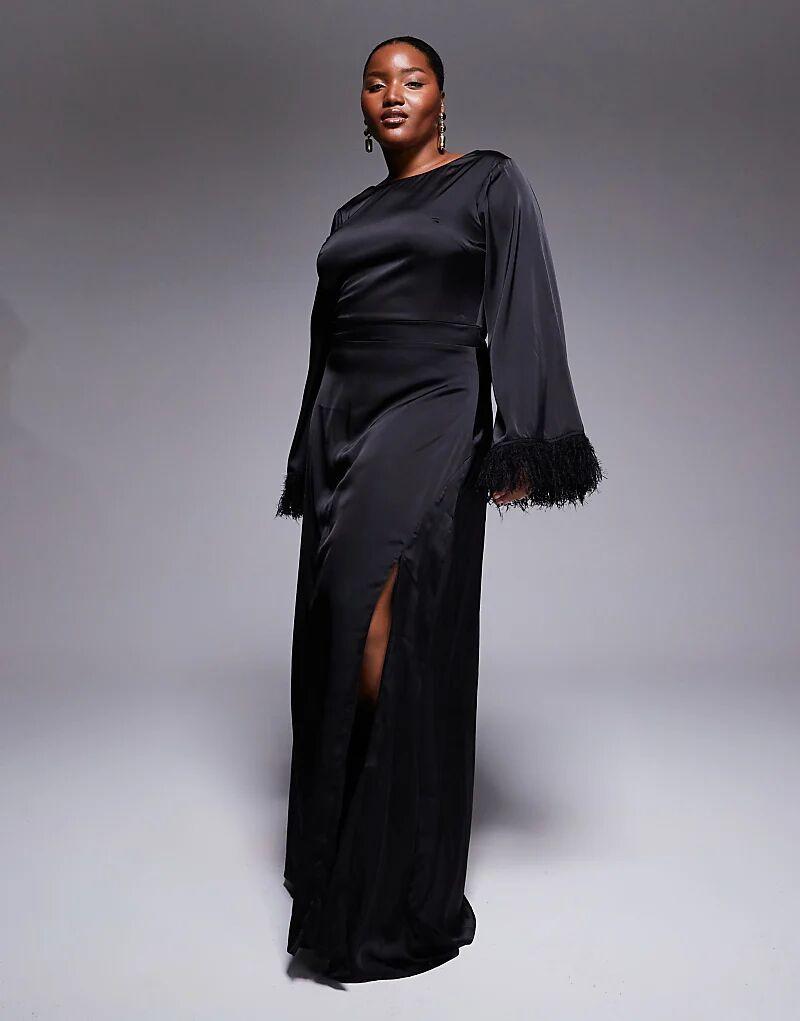 

Платье макси TFNC Plus с длинными рукавами и манжетами из искусственных перьев черного цвета