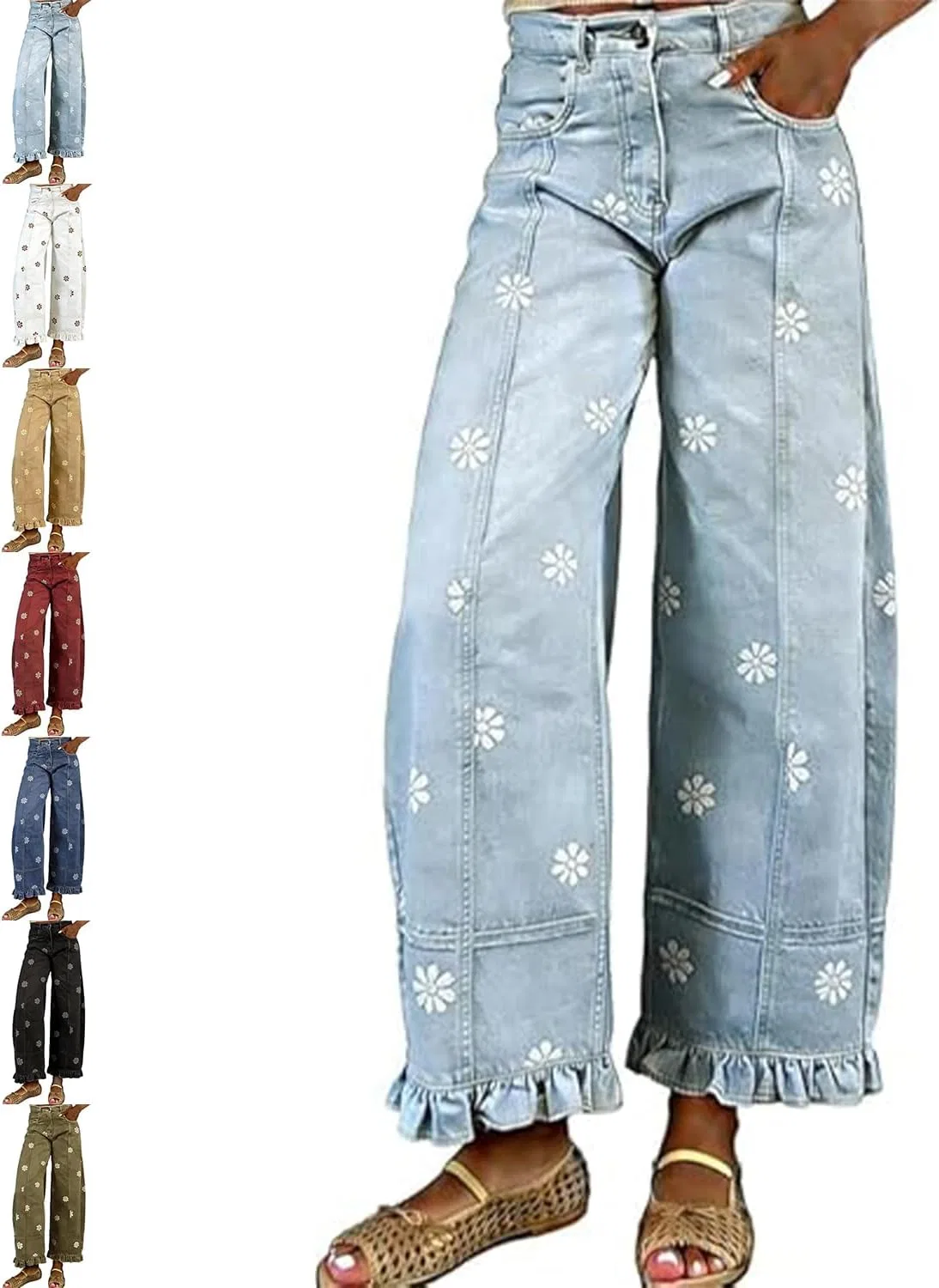 Джинсы с воланами и цветочным принтом, Light Blue