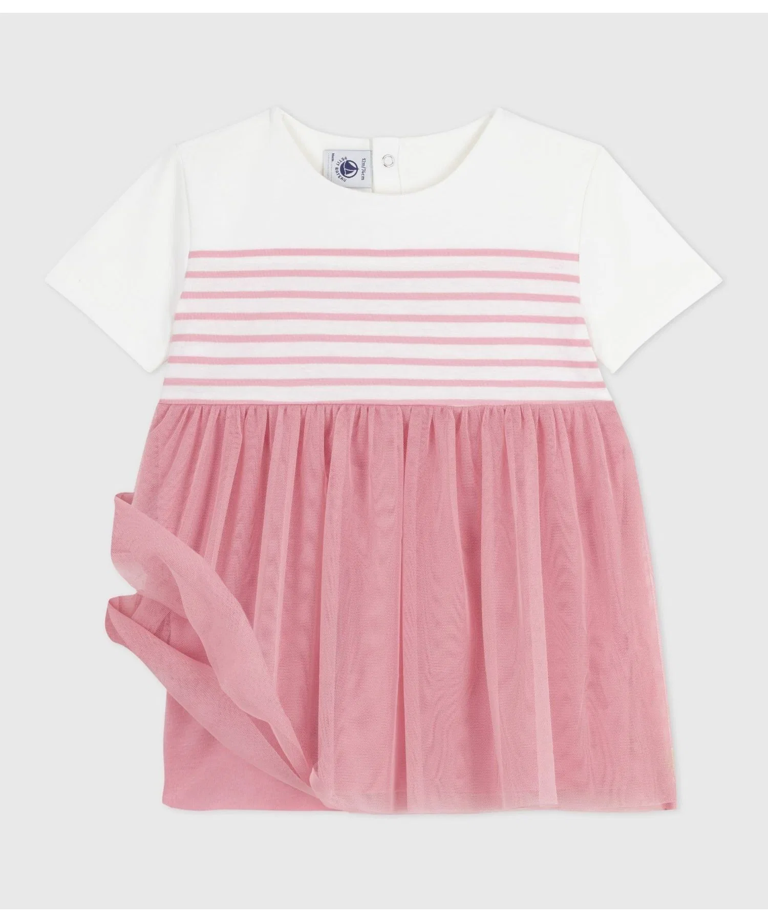 Детское платье с коротким рукавом PETIT BATEAU в полоску бело-розовое — фото 2