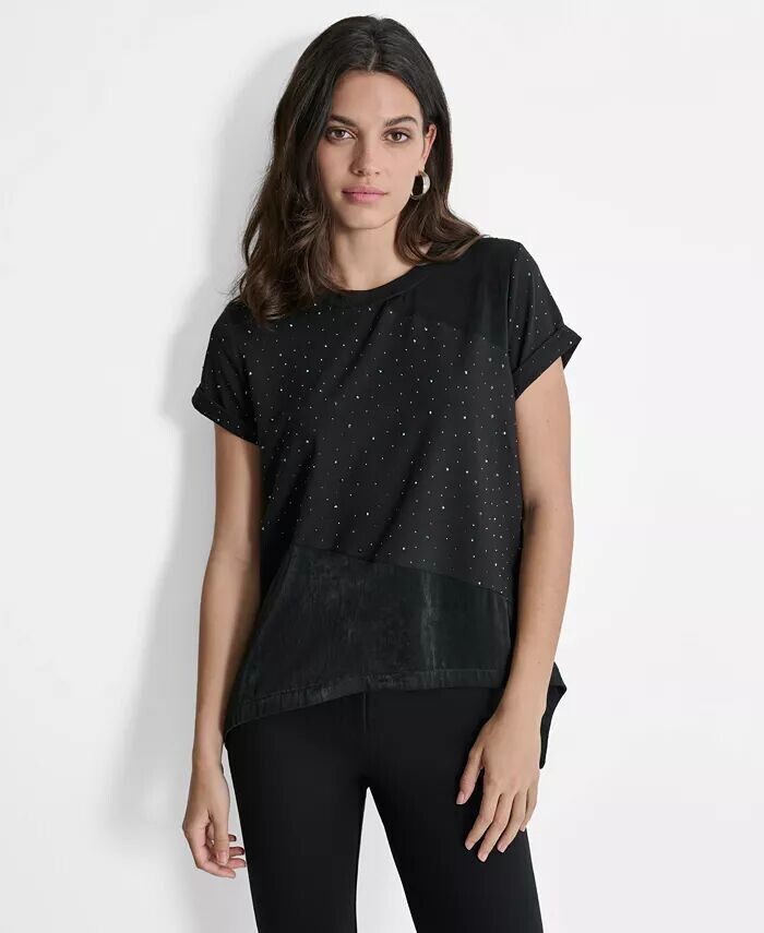 

Женская футболка с заклепками и вставками под горло DKNY, черный