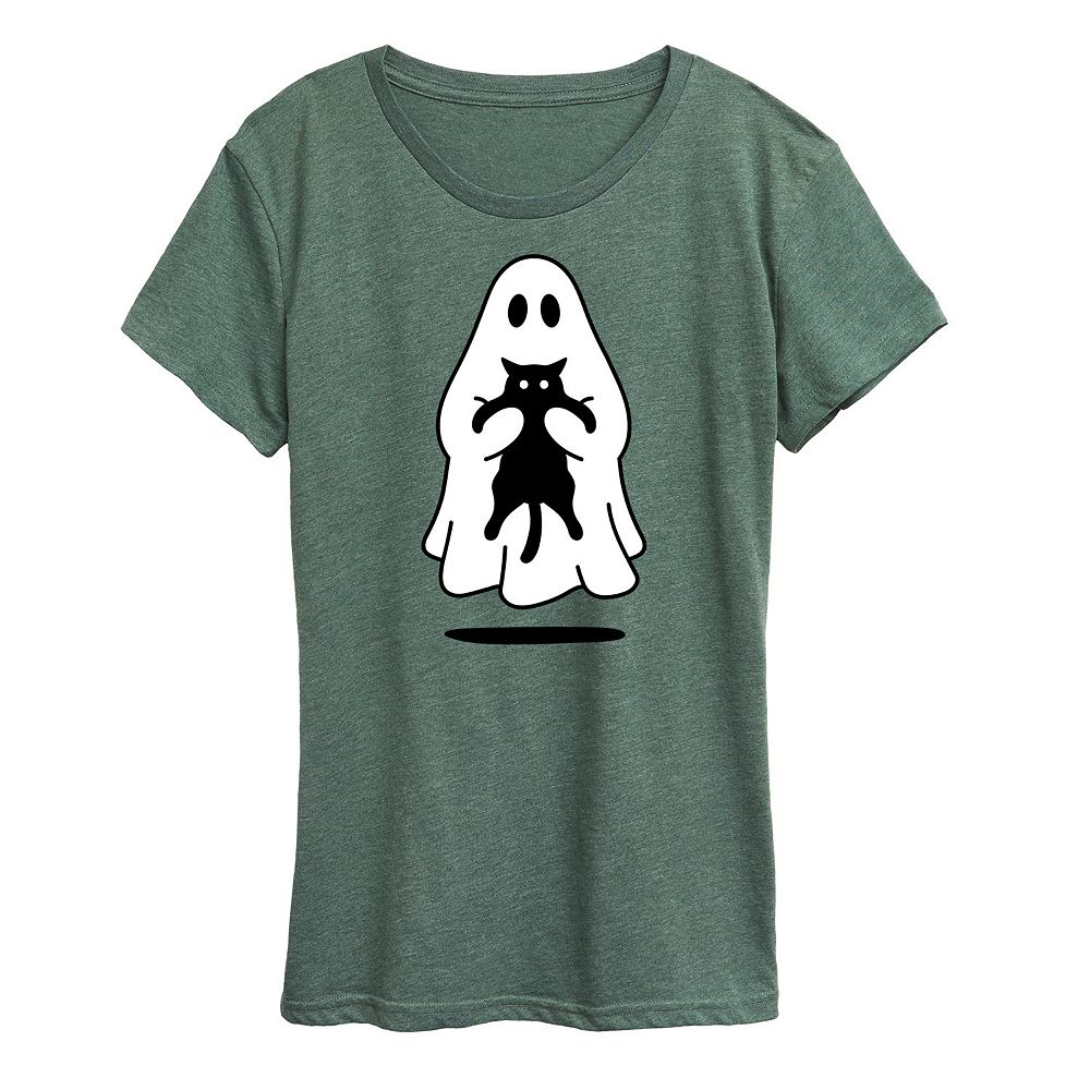 

Женская футболка с рисунком Ghost Holding Black Cat, цвет Heather Green