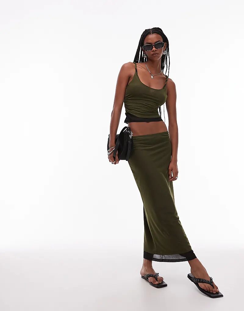 

Длинная юбка цвета хаки с двухслойной сеткой ASOS DESIGN в стиле 90-х — часть комплекта