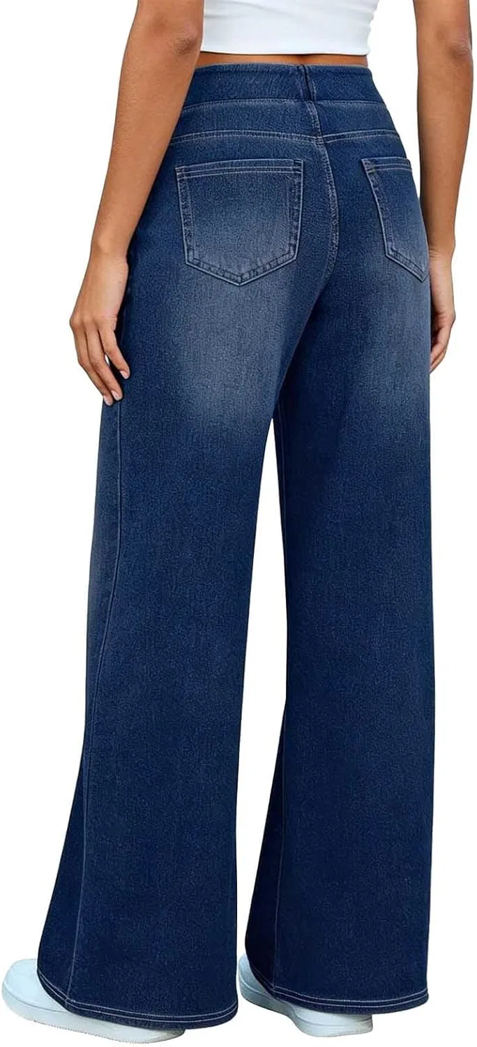 Джинсы свободного кроя, Women's Wide Leg Jeans, Dark Blue — фото 3