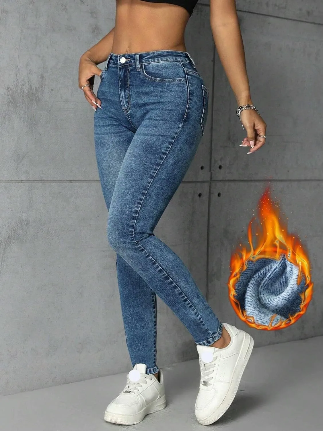 Женские джинсы Casual Slimming Fit с подкладкой и карманами, деним, осень-зима, мода 2025 Generic, Medium Wash — фото 2