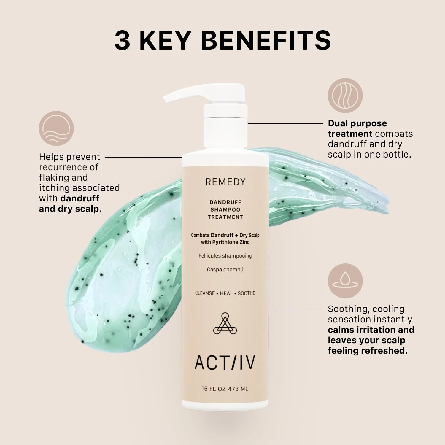 ACTIIV Remedy шампунь-уход от перхоти | Устраняет сухость и шелушение, успокаивает раздражение кожи головы, для здоровых волос и кожи головы, на растительной основе, безопасен для окрашенных волос, веганский, для всех типов волос 453.60 г — фото 3