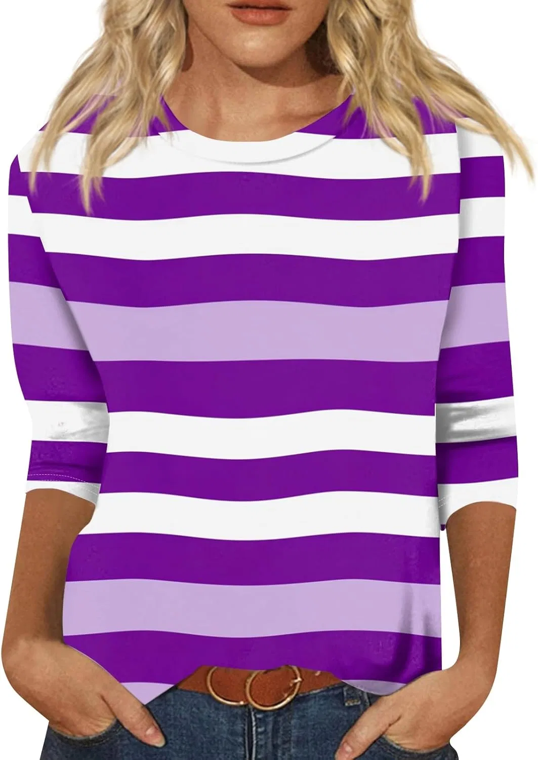 Футболка с 3/4 рукавом, полоска, Plus Size, B21 Purple
