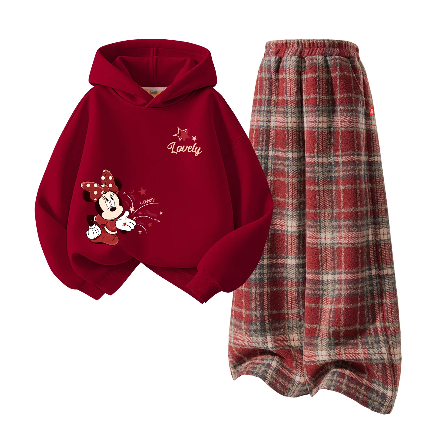 Disney Kids Tang Suits Crew Neck Thickness, [Thickened and Fleece-Lined]Diyingjie Burgundy+Solid Color Red Plaid — фото 3