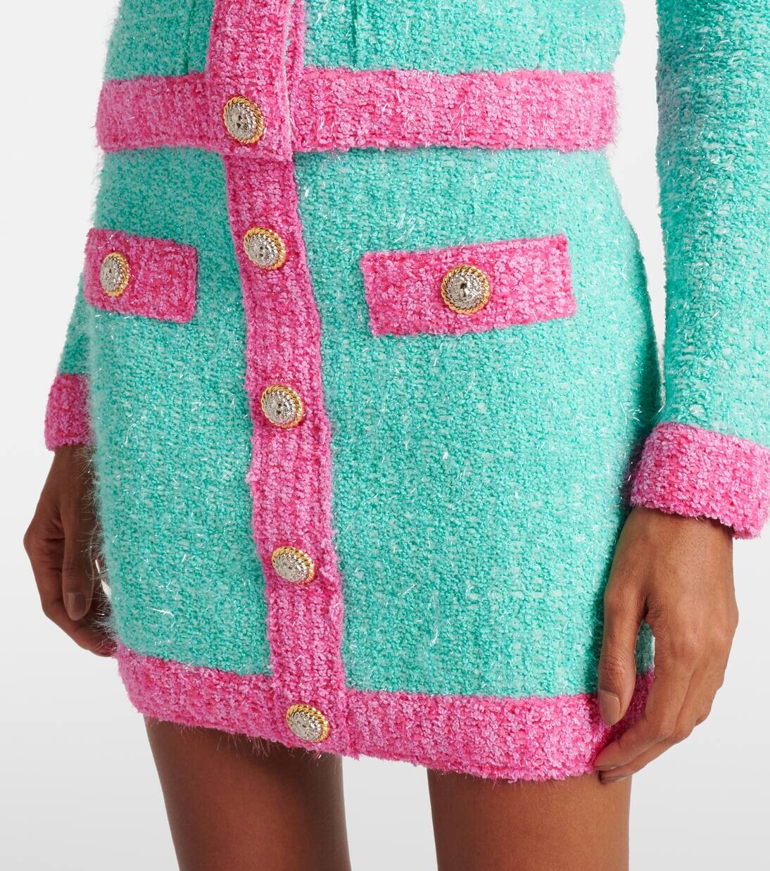 Вязаная мини-юбка Balmain, цвет menthe/fuschia — фото 4