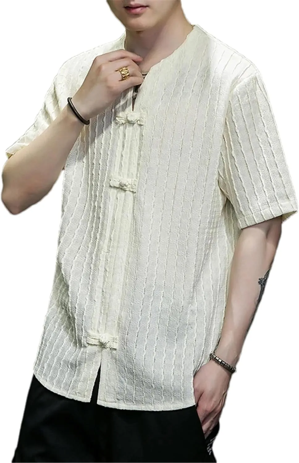 Мужские летние повседневные рубашки из хлопка и льна, дышащая мужская одежда, рубашки с коротким рукавом, верхняя одежда Generic, бежевый