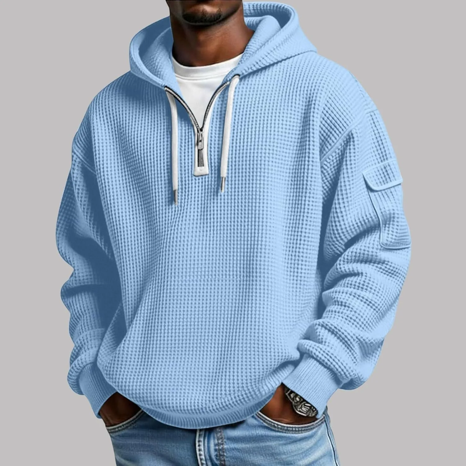 Толстовка для мужчин Quarter-Zip Hoodie Pullover Waffle Knit с длинным рукавом и карманами — фото 2