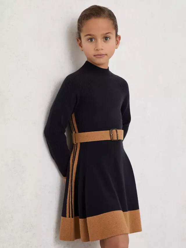 Детское вязаное платье Margaret из шерстяной смеси с поясом, темно-синее Reiss — фото 3