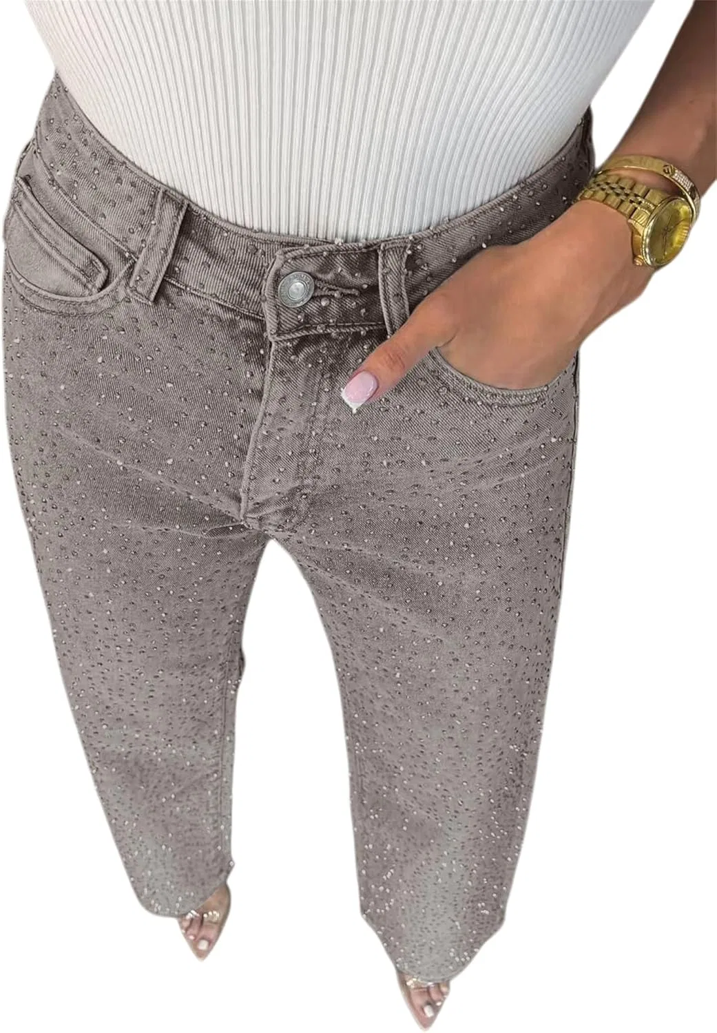 Джинсы прямые широкие с пайетками, Light Gray