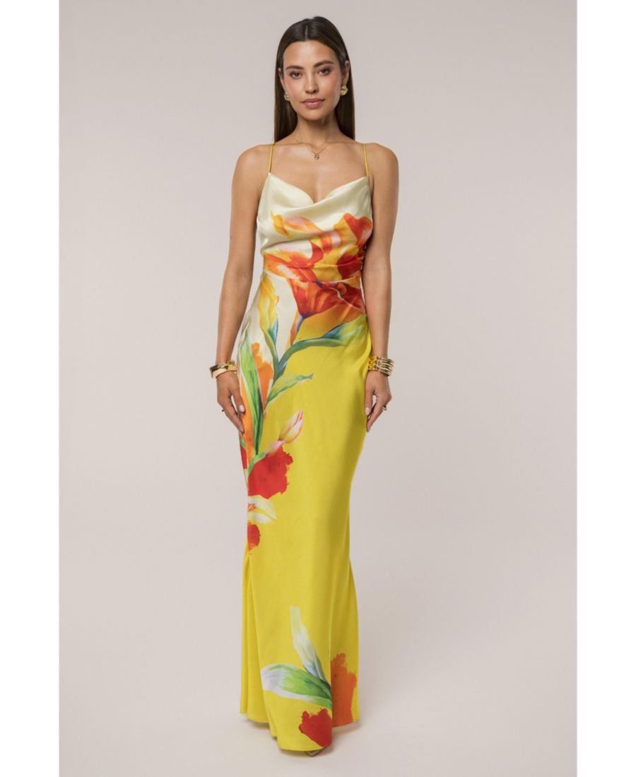 

Женское атласное макси-платье с цветочным принтом JLUXLABEL, Yellow