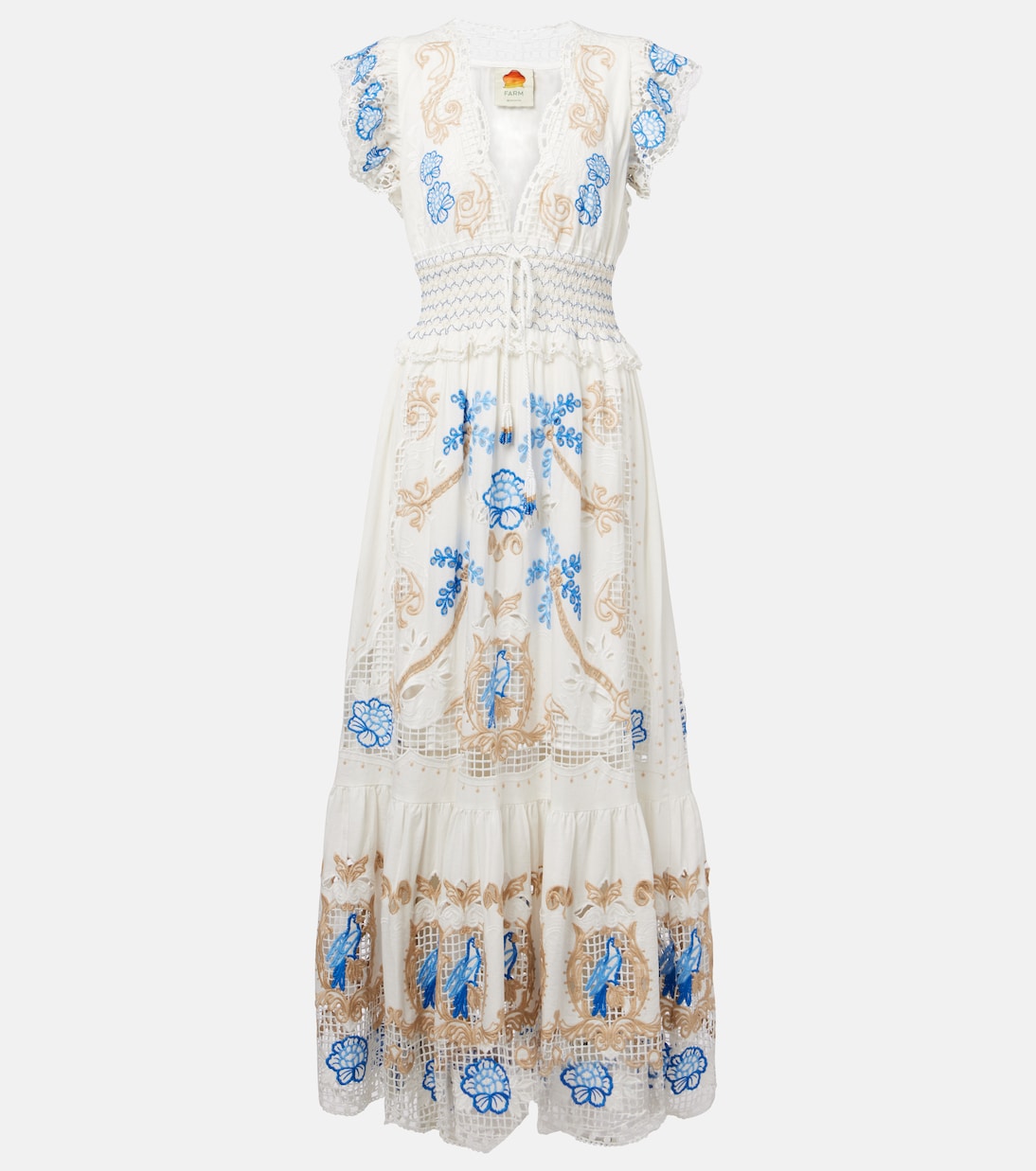 

Вышитое макси-платье из льняной смеси Farm Rio, Off-White