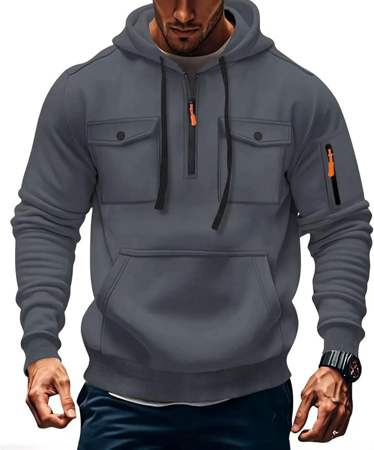 

Мужская толстовка с капюшоном Quarter Zip, флисовая, с карманами, свободный крой