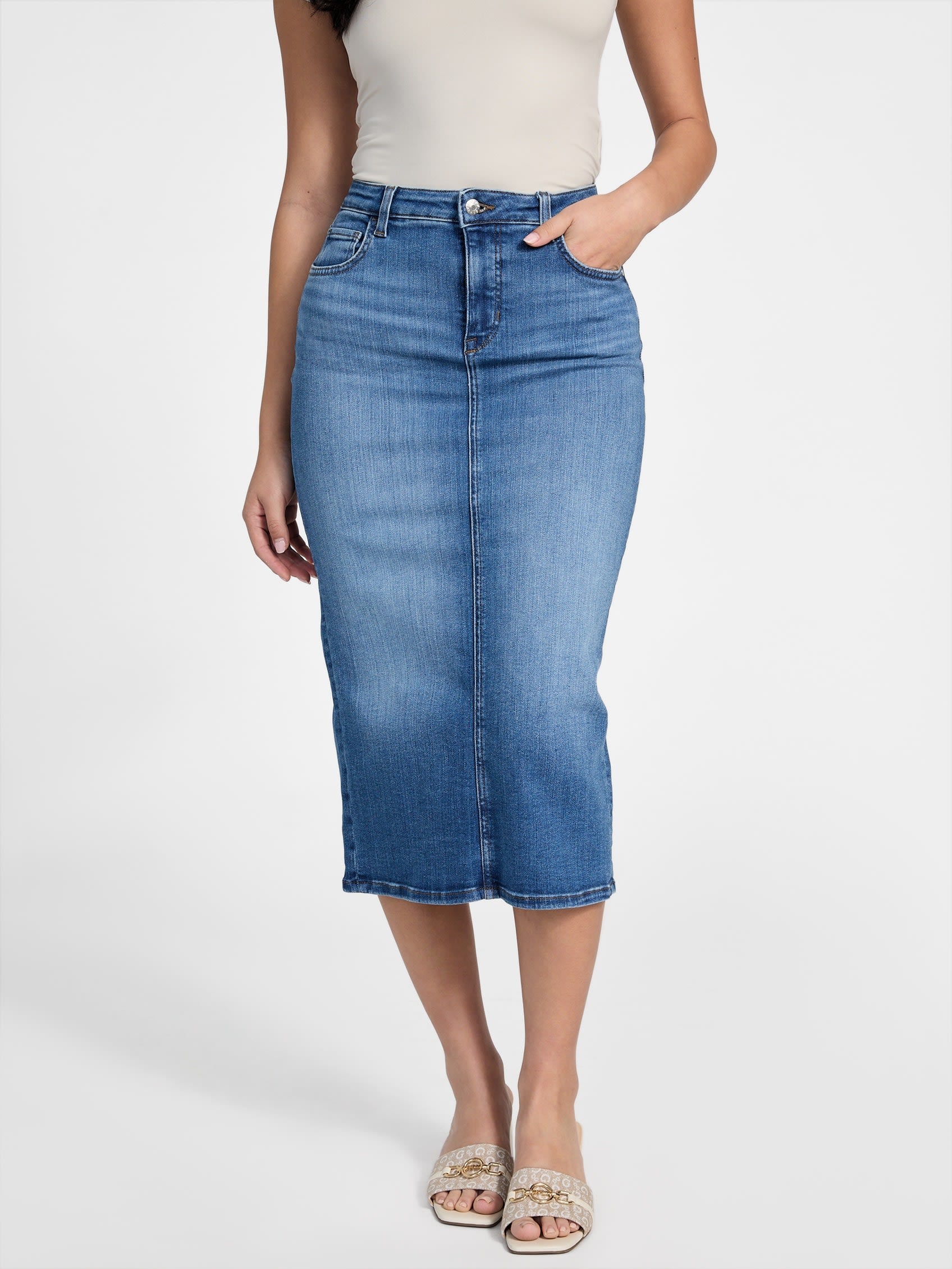 

Джинсовая юбка миди Guess Factory, цвет medium wash