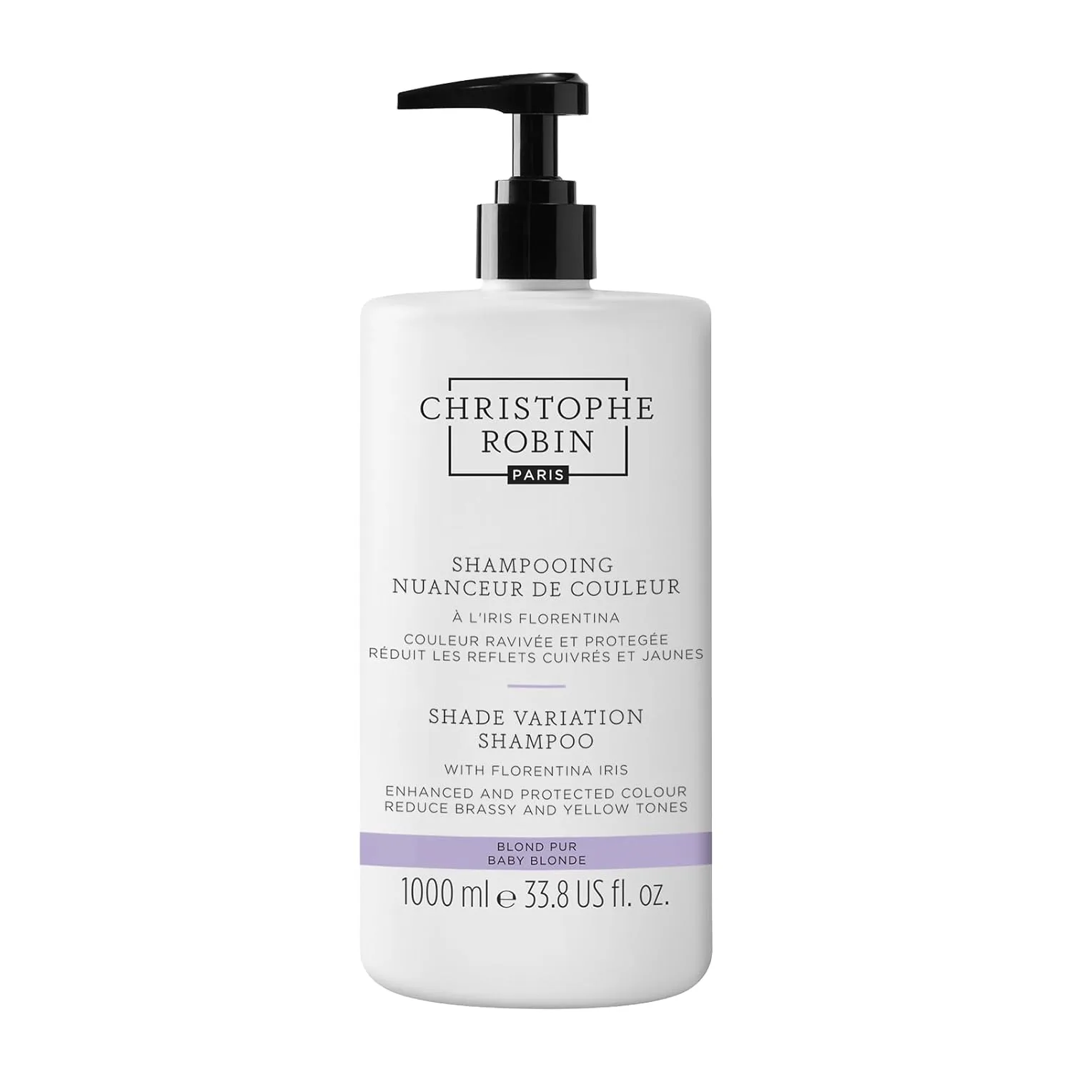 Christophe Robin Shade Variation Baby Blonde тонирующий фиолетовый шампунь с Florentina Iris, нейтрализует медные и желтые оттенки для блонда, мелирования и седых волос 500 мл, yellow