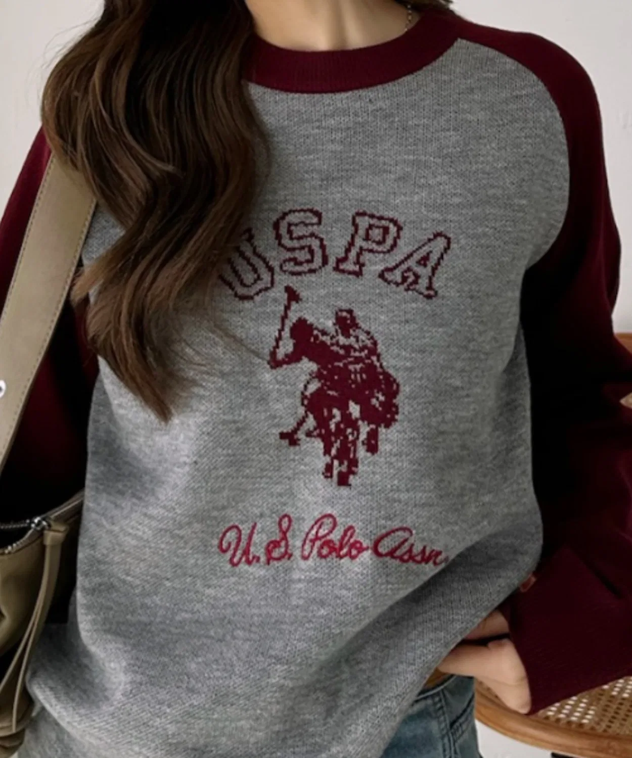 Свитер с логотипом U.S. POLO ASSN, реглан, жаккард, бордовый