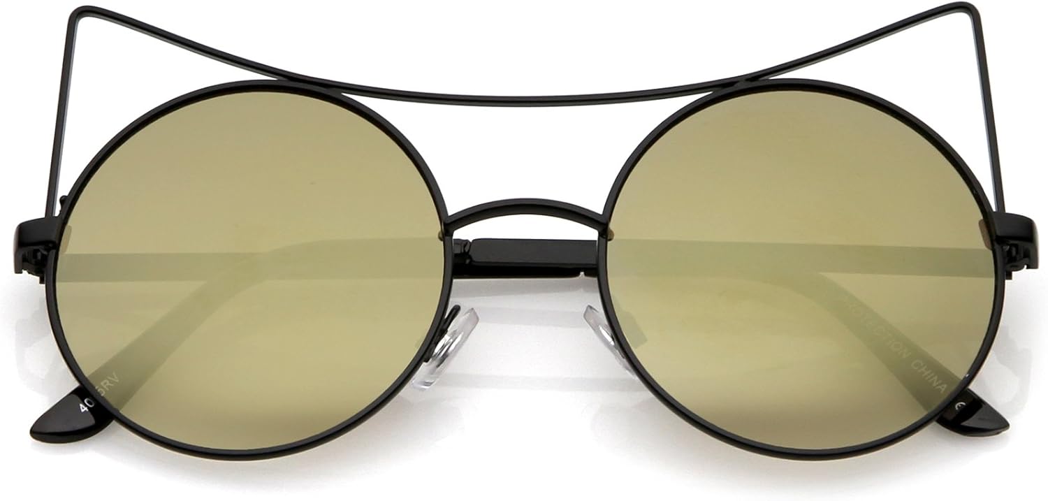 

zeroUV - Женские солнцезащитные очки большого размера с открытыми металлическими зеркальными круглыми плоскими линзами в форме «кошачьего глаза», диаметр линз 54 мм, Black / Gold Mirror