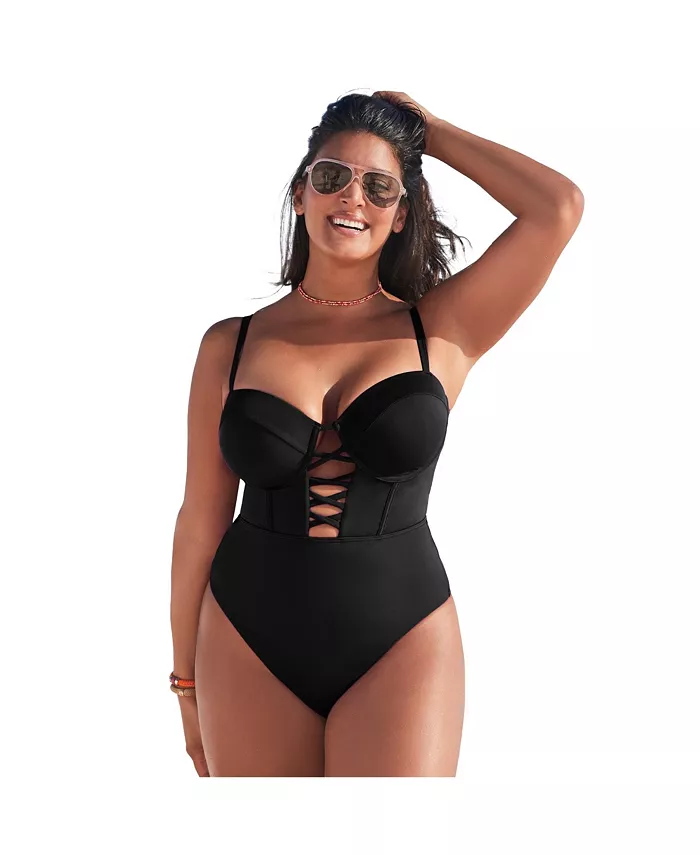 

Женский цельный купальник с чашками на косточках и шнуровкой Swimsuits for All, черный