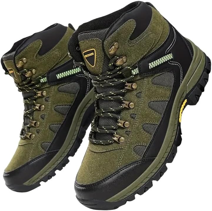 

Мужские высокие модные туристические ботинки - удобные и прочные с противоскользящей подошвой из ТПР, шнуровка, зелено-черный камуфляжный узор для активного отдыха на природе, для ношения в любое время года Clolinde