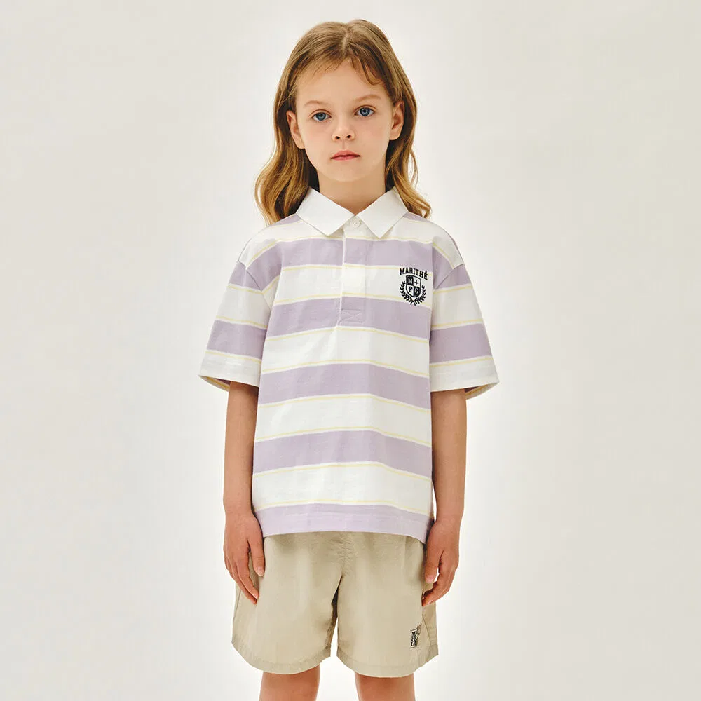 Детская футболка поло в полоску Multi Stripe светло-фиолетовая от Marithé Kids