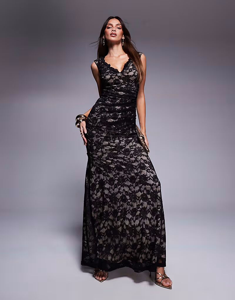 

Платье макси Goddiva с открытыми плечами и фестончатым вырезом черного цвета