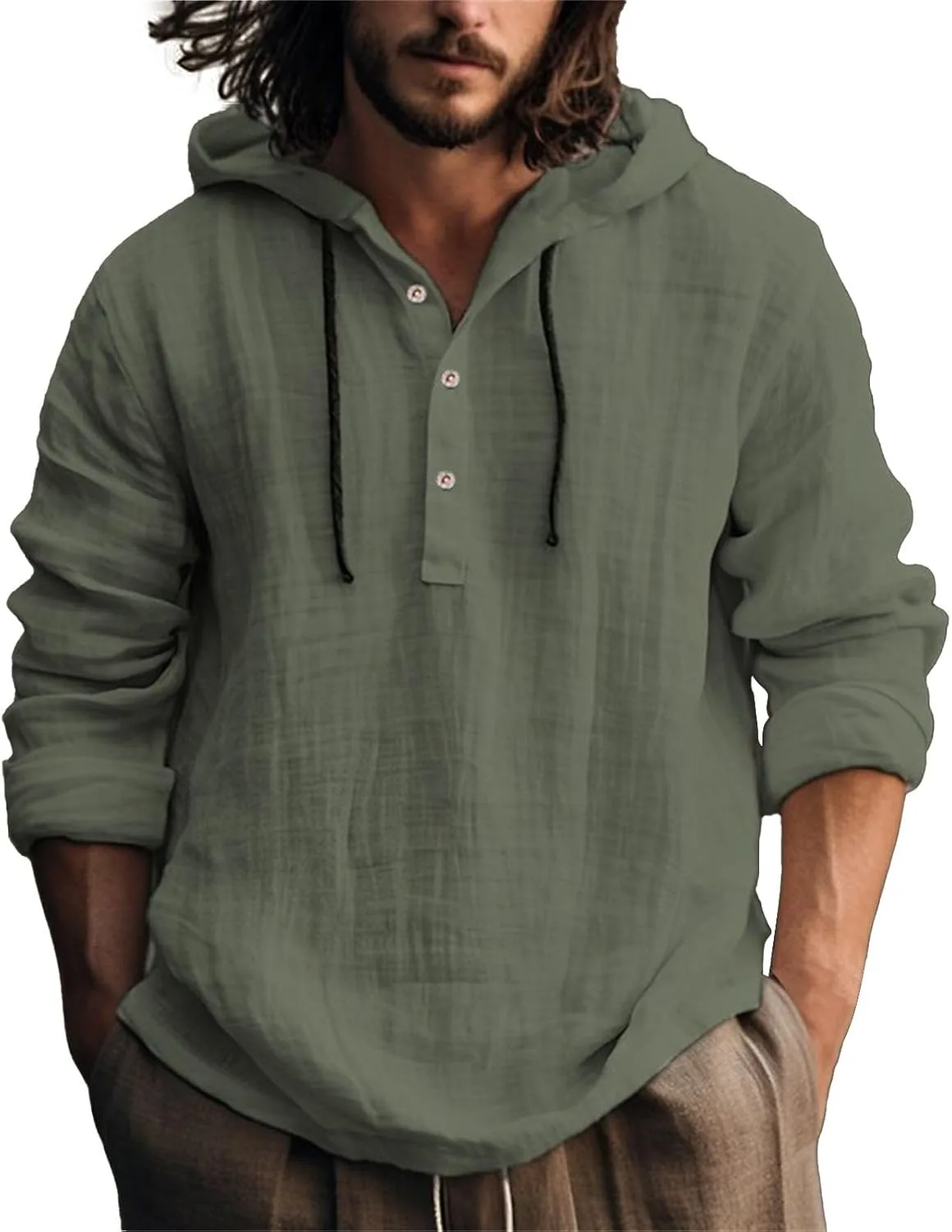 

Льняная рубашка для мужчин, Casual Long Sleeve с капюшоном на шнурке