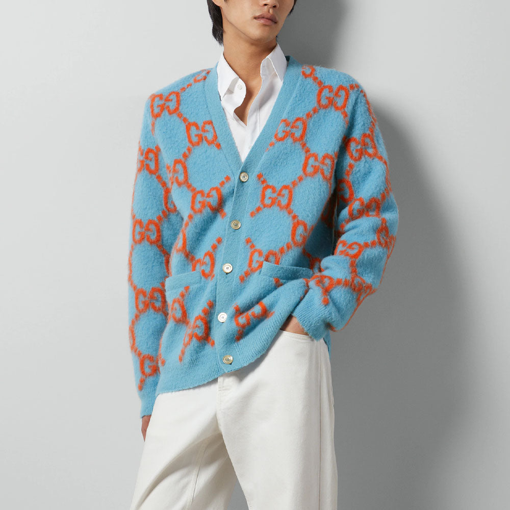 Кардиган Gucci Wool Cardigan With GG Intarsia 'Light Blue Orange' 764738-XKDPB-4001, синий — фото 3