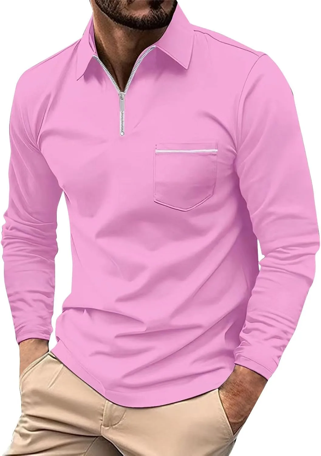 Мужская поло с молнией, Casual, длинный рукав, карман, S-3XL
