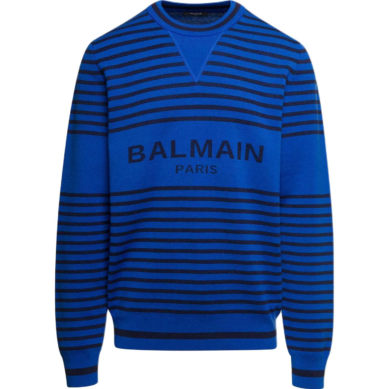 

Полосатый джемпер с логотипом в технике интарсия BALMAIN, синий