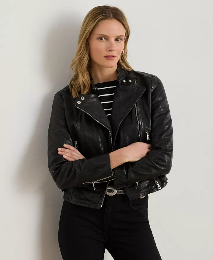 

Женская кожаная мотокуртка с эффектом состаренной кожи Lauren Ralph Lauren, черный