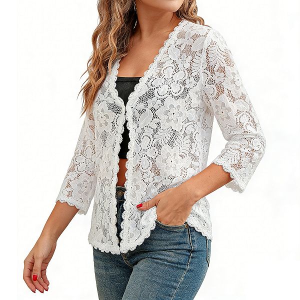 

Женский кардиган с кружевом и цветочным принтом, 3/4 рукава, V-образный вырез Clearflower