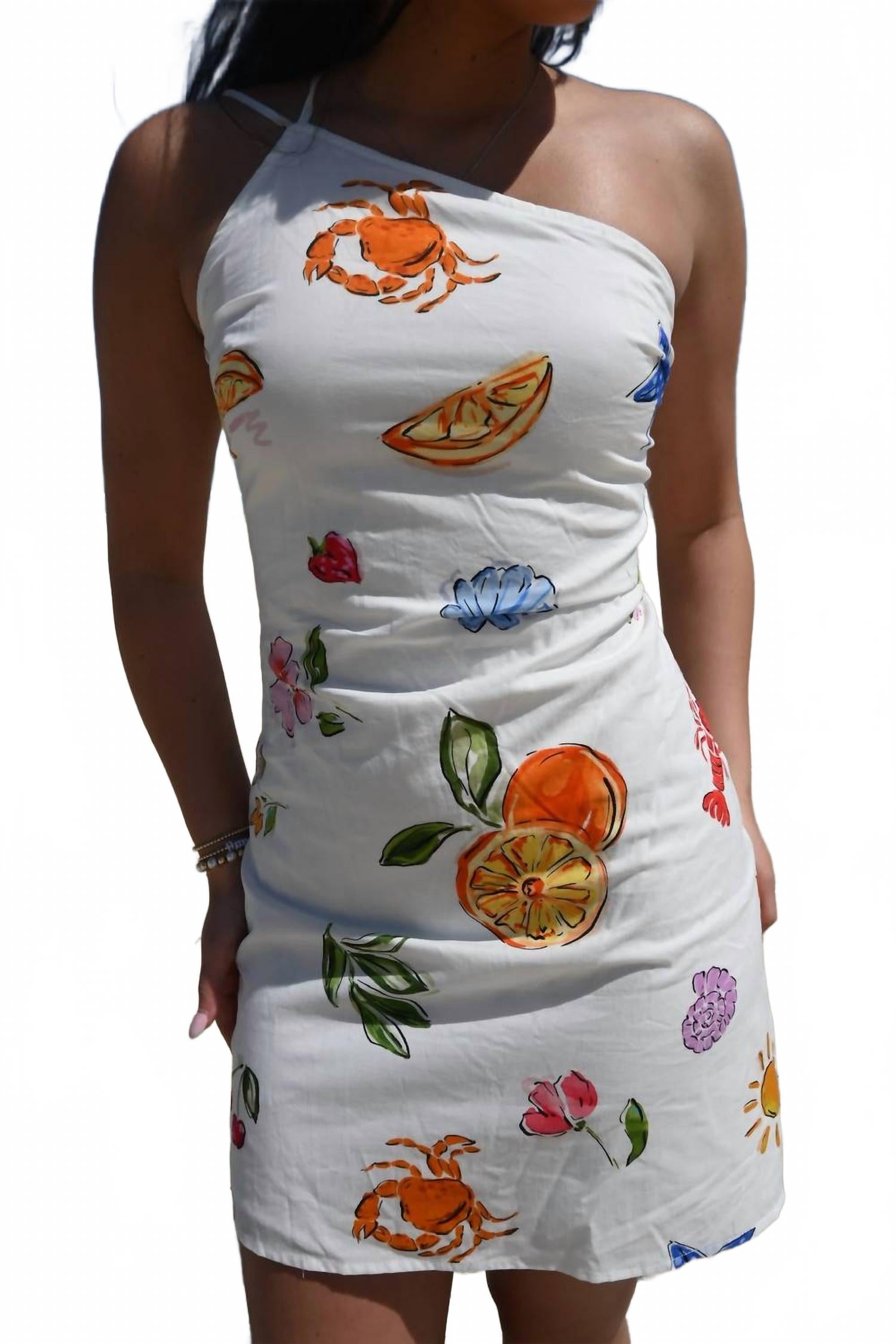 

Летнее мини-платье с принтом и асимметричным плечом в цвете слоновая кость и мультиколор Pretty Garbage