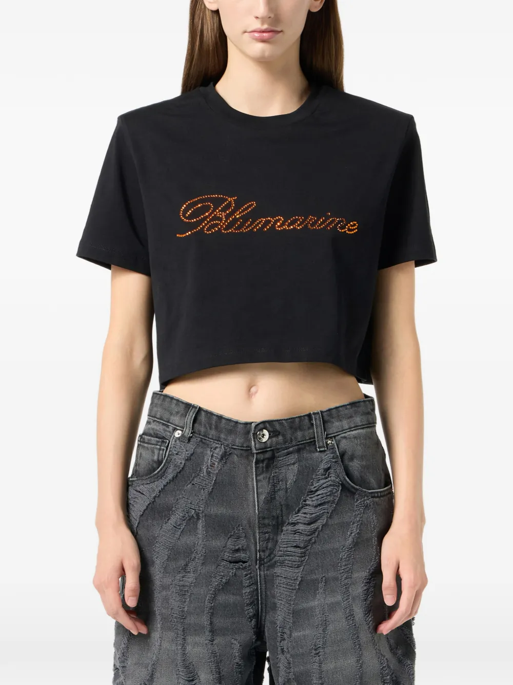 Футболка из джерси с принтом логотипа BLUMARINE, черный — фото 3