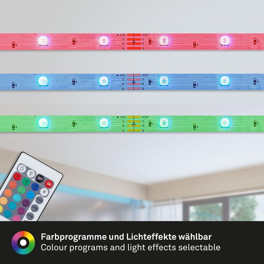 

Светодиодная лента Briloner Leuchten RGB, LED Superline, вкл. пульт дистанционного управления, управление изменением цвета RGB, ступенчатая регулировка яркости, вкл. кабель питания 2 м, 4 программы изменения цвета, IP44, 300 x 1 x 0,3 см, белый