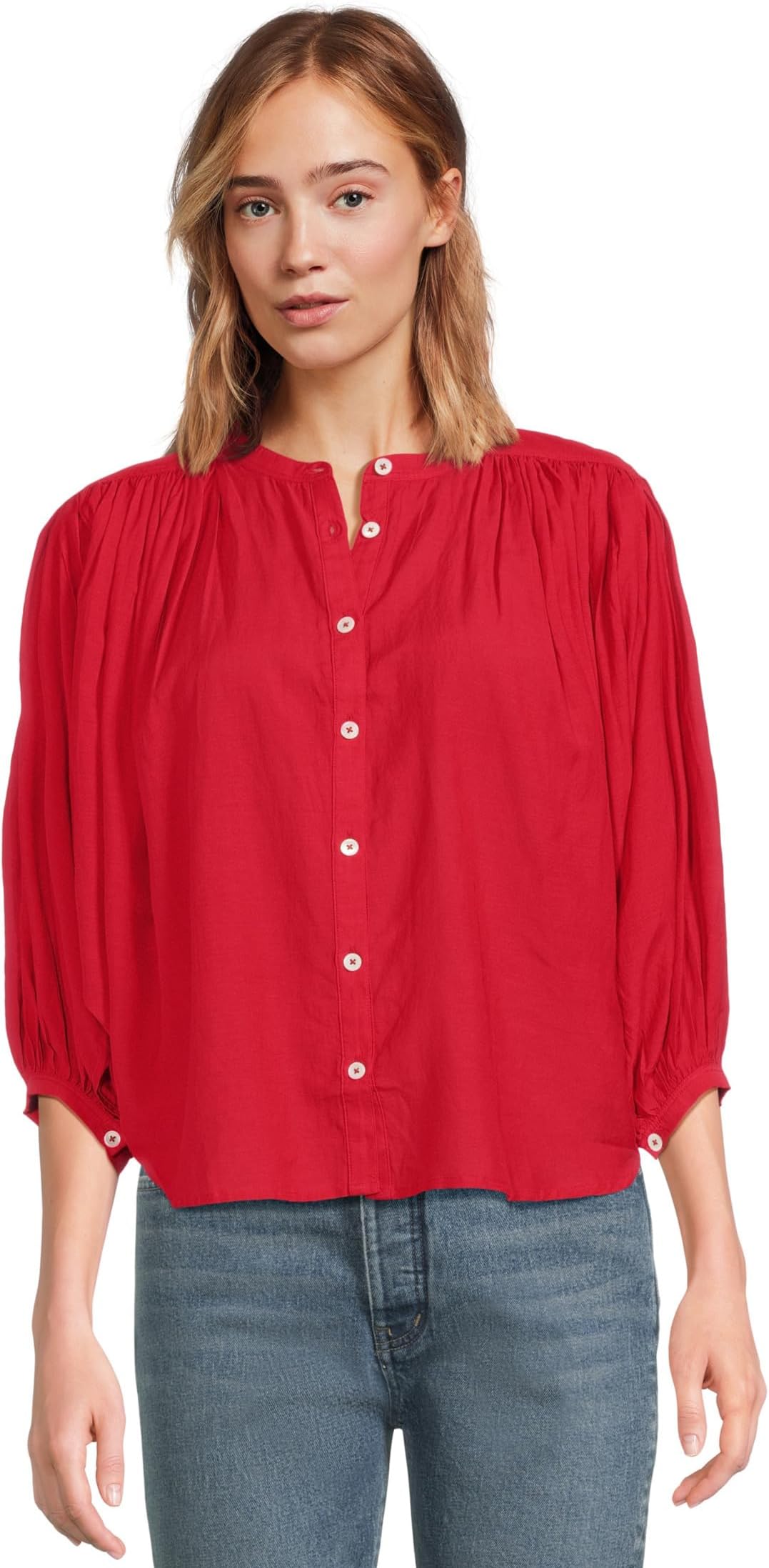 

Топ Madewell Shirred Crewneck Button-up Top, цвет Cherry Red