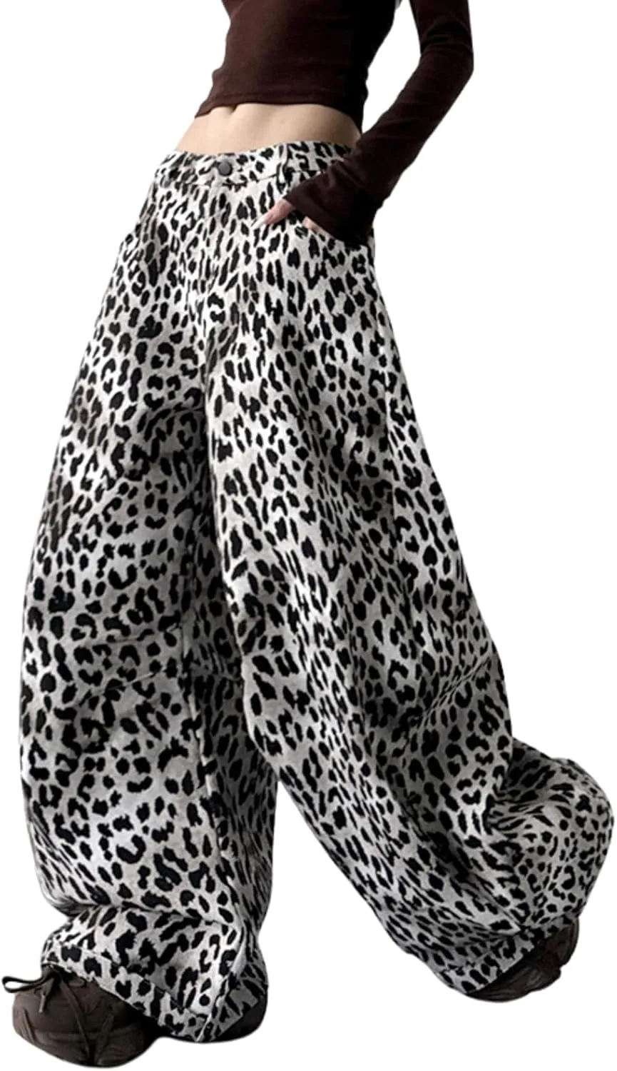 

Винтажные джинсы Cheetah для женщин — y2k свободный крой, леопардовый принт, прямой силуэт GoldGalleon