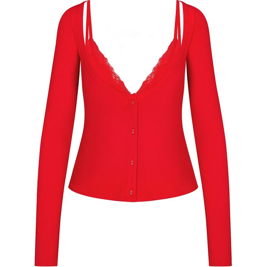 

Skims Valentine's Day Collection SS25 SOFT LOUNGE LACE LONG SLEEVE TOP WITH BRALETTE термотопы женские CHY/красный