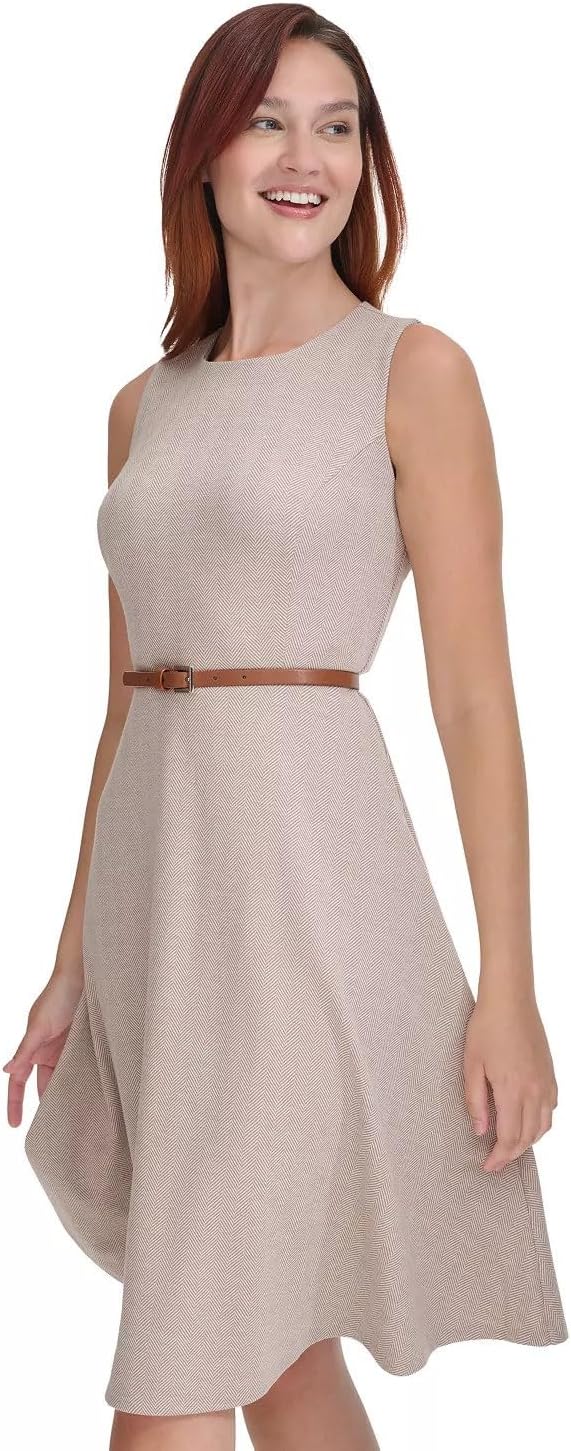 Женское платье Tommy Hilfiger с узором «елочка» и вырезом без рукавов, Light Beige/Ivory — фото 4