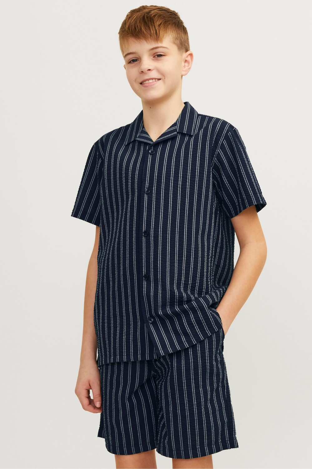 

Рубашка с короткими рукавами и полосатым воротником из жатого хлопка Jack & Jones Junior, синий