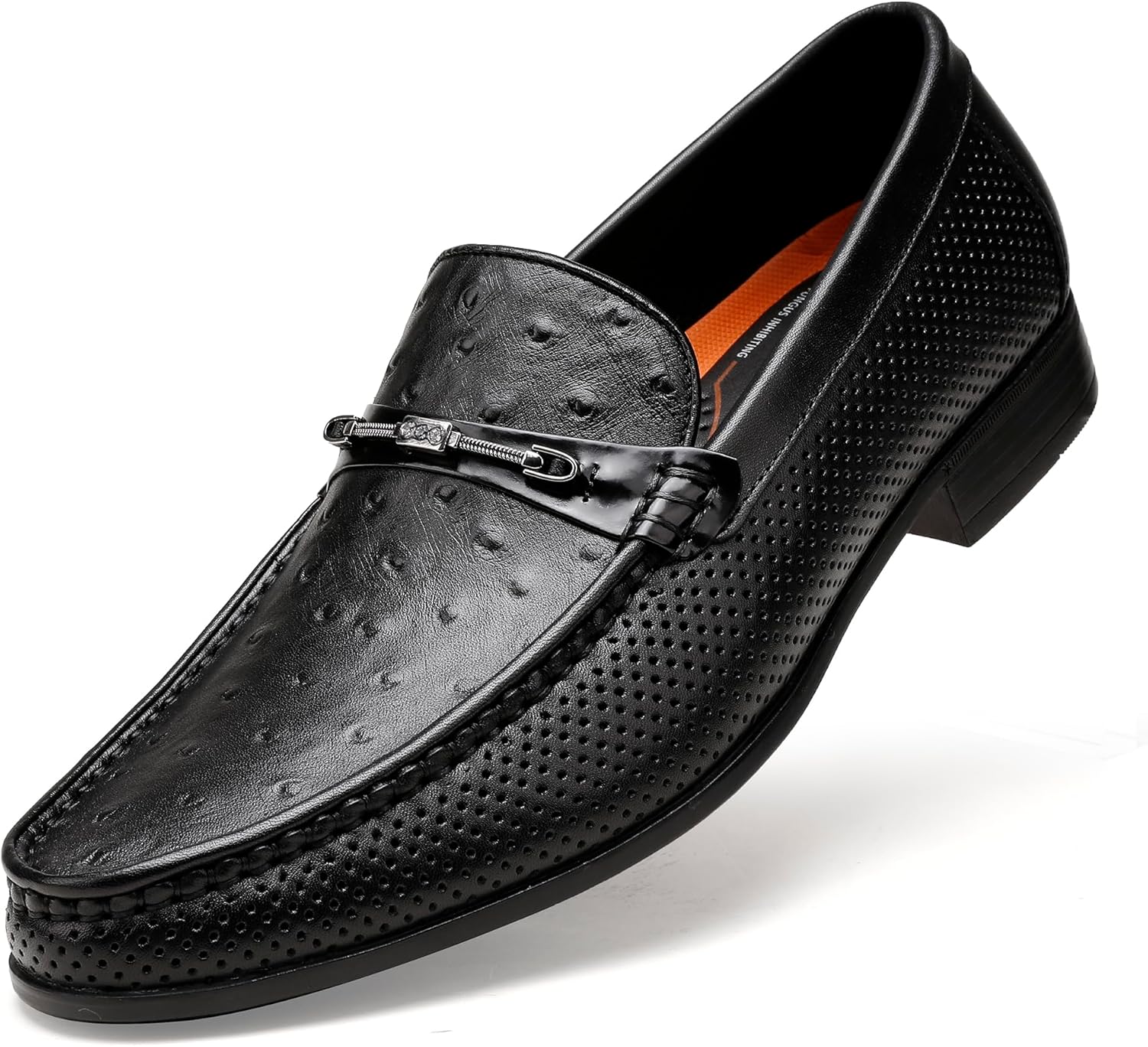 

Мужские кожаные туфли черного цвета, повседневные лоферы с принтом страуса, слипоны с мягким носком, металлической пряжкой, классические формальные туфли для мужчин Generic