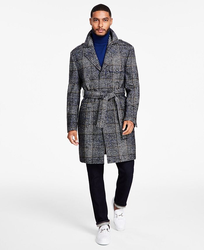

Мужские пальто классического кроя в клетку с поясом из смесовой шерсти Tayion Collection, черный