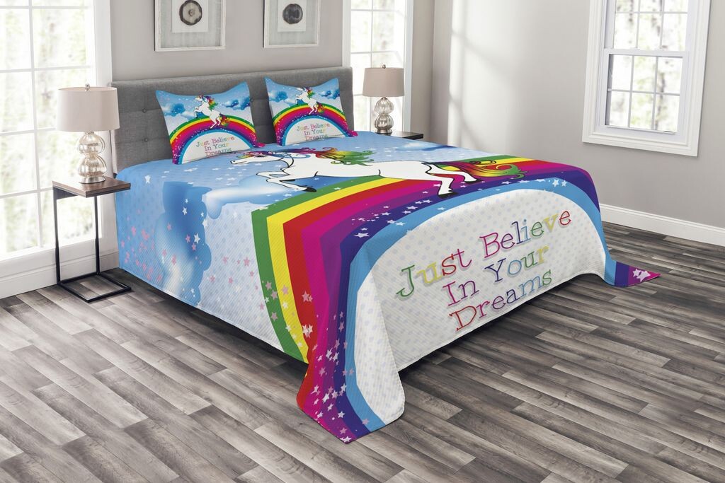 

ABAKUHAUS Комплект покрывала Unicorn, Unicorn Rainbow Fantasy, комплект с моющимися наволочками, для односпальных кроватей 220 x 220 см, разноцветный