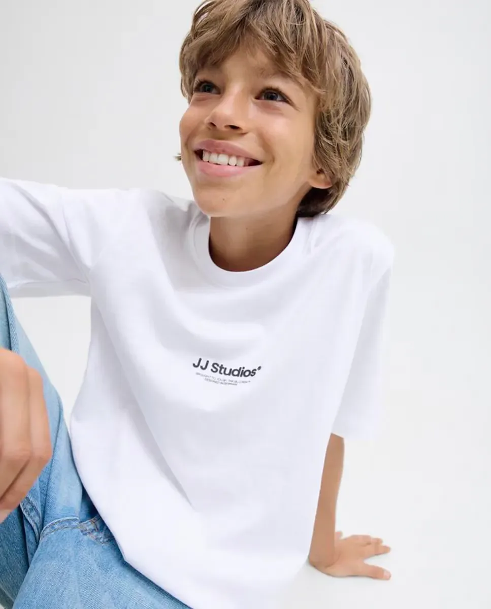 Детская футболка с коротким рукавом и маленьким принтом спереди Jack & Jones, белый — фото 3